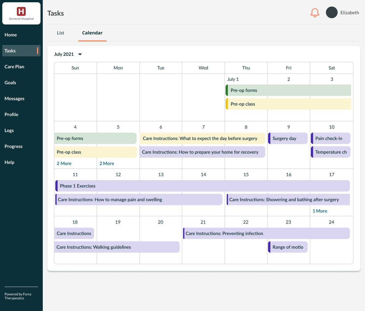 calendar view of patient task list in Force